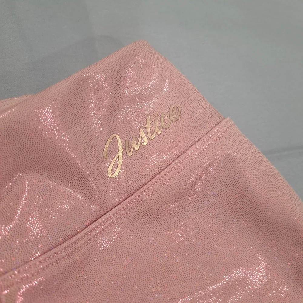 Justice Girls Rose Pink Shimmer Metallic Cinched‎ Side Active Shorts XS 5/6